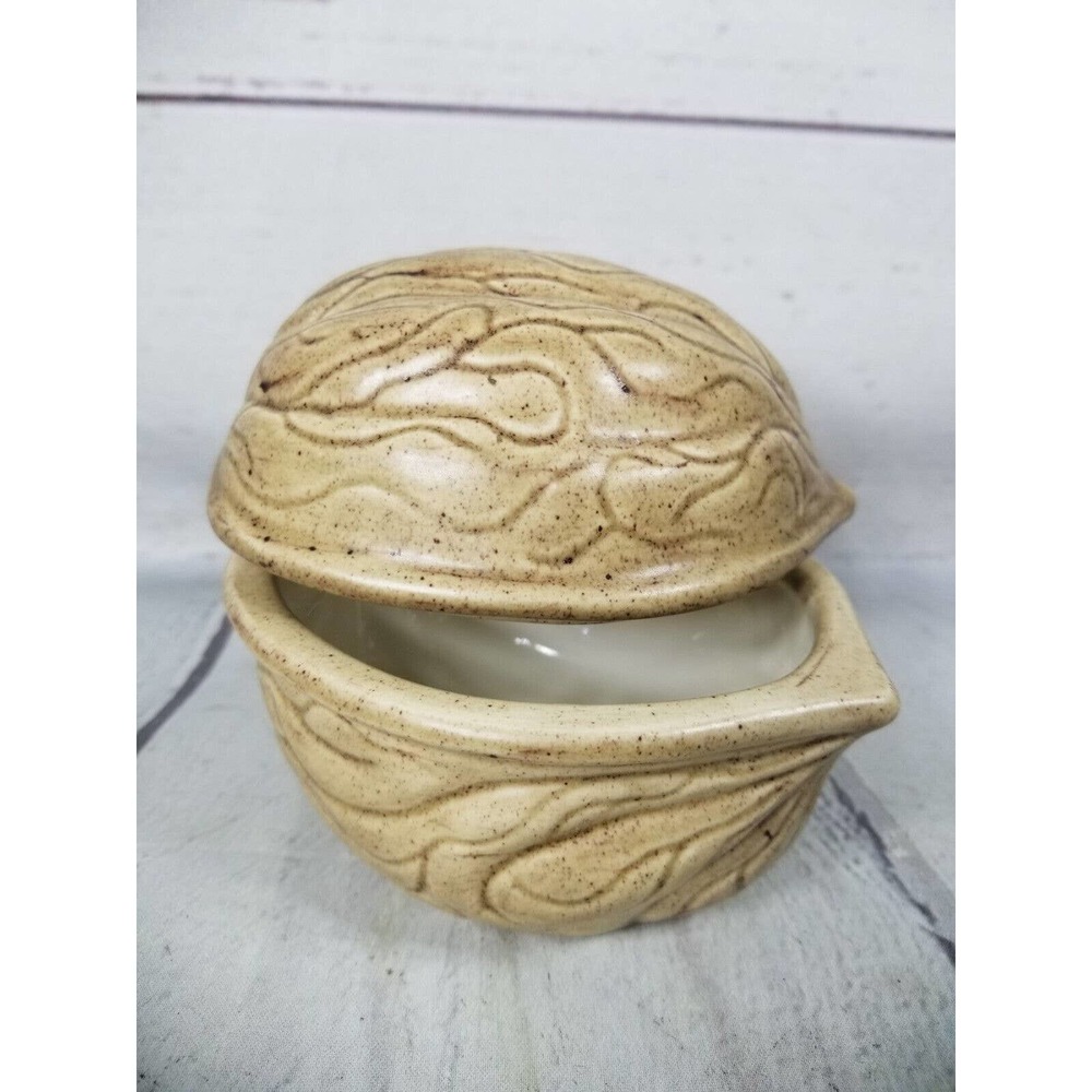 Vintage Nut Shaped Walnut Snack Candy Cookie Trinket Dish Tray With Lid Signed